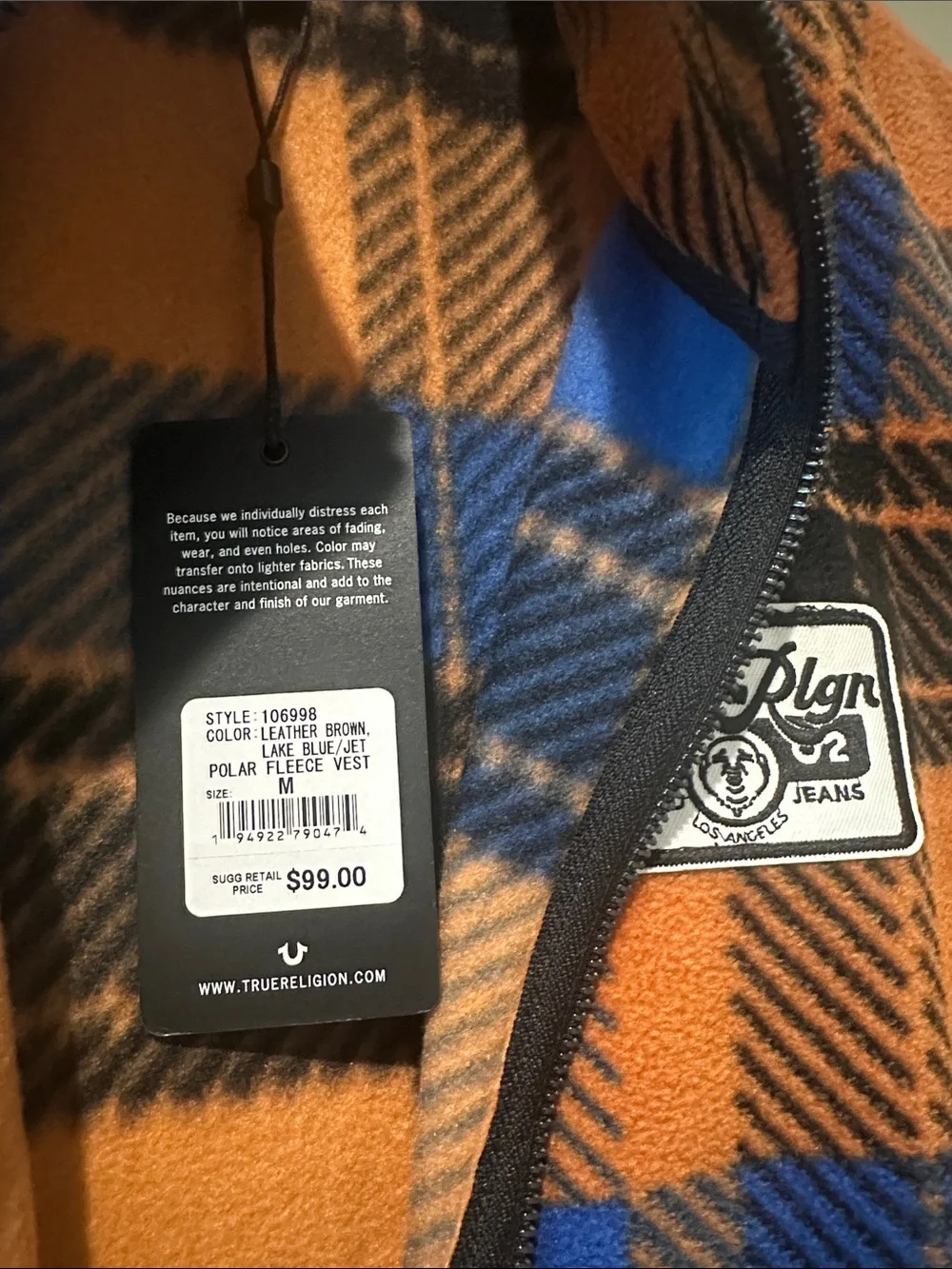 TRUE RELIGION Plaid Fleece Vest M